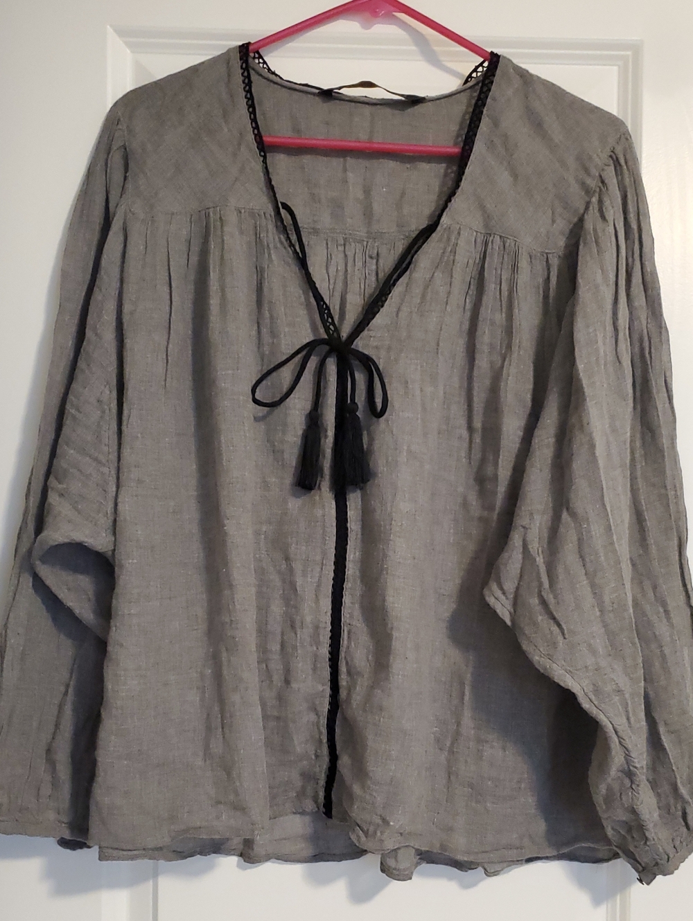 Zara Boho Peasant Top contrasting black lace trim and a front tassel tie. Med